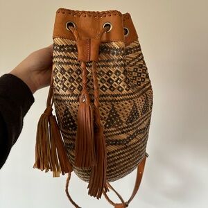 Handcrafted Brown Leather Seagrass Woven Backpack Bag Amerii Bohemian Afrohemian
